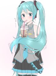 Rule 34 | 00s, 1girl, aqua eyes, aqua hair, aqua necktie, bare shoulders, belt, black skirt, black thighhighs, blush, bubble tea, bubble tea challenge, cheating (competitive), commentary, cowboy shot, cup, detached sleeves, drinking straw, drinking straw in mouth, gradient background, grey shirt, hair ornament, hatsune miku, headphones, headset, highres, holding, holding cup, long hair, long sleeves, looking at viewer, miniskirt, motion lines, necktie, pink background, pleated skirt, prehensile hair, shirt, shoulder tattoo, skirt, sleeveless, sleeveless shirt, solo, standing, supo01, tattoo, thighhighs, translated, twintails, very long hair, vocaloid, white background, wide sleeves, you&#039;re doing it wrong, zettai ryouiki