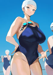 Rule 34 | 1girl, 3girls, bare arms, bare legs, bare shoulders, blue eyes, blue one-piece swimsuit, blush, breasts, cameltoe, cleavage, closed mouth, competition school swimsuit, covered navel, day, goggles, groin, hand on own hip, huge breasts, ikuchan kaoru, ikuchan kaoru (character), indie virtual youtuber, long hair, looking at viewer, multiple girls, one-piece swimsuit, original, school swimsuit, short hair, swim cap, swimsuit, thighs, virtual youtuber, wet, white hair