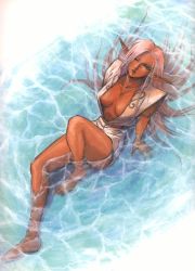 Rule 34 | 1girl, arm support, barefoot, breasts, cleavage, dark-skinned female, dark skin, elf, eyebrows hidden by hair, highres, legs, long hair, one eye closed, pirotess, pointy ears, record of lodoss war, solo, submerged, very long hair, water, white hair, wink