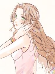 Rule 34 | 1girl, aerith gainsborough, alternate hairstyle, artist name, bangle, bare shoulders, blush, bracelet, breasts, dress, final fantasy, final fantasy vii, final fantasy vii rebirth, final fantasy vii remake, green eyes, hair ornament, hairclip, hand in own hair, highres, jewelry, long hair, looking at viewer, medium breasts, omochi daisuki, parted bangs, parted lips, pink dress, sidelocks, solo, upper body, wavy hair