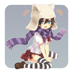 Rule 34 | 10s, :d, animal hat, ben-tou, black hair, blue eyes, blush stickers, cat hat, halftone, halftone background, hat, inoue asebi, kneeling, kouji (campus life), loafers, neko hat, open mouth, plaid, plaid skirt, scarf, school uniform, shoes, sitting, skirt, smile, solo, striped clothes, striped scarf, striped thighhighs, thighhighs, v arms, zettai ryouiki
