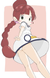 Rule 34 | 1girl, absurdres, ass, blush stickers, braid, brown background, brown hair, chloe (pokemon), commentary, creatures (company), dress, from below, from side, game freak, green eyes, hair ornament, hair scrunchie, highres, long hair, looking at viewer, looking down, looking to the side, nintendo, panties, pink scrunchie, pokemon, pokemon (anime), pokemon journeys, rururu (pyrk8855), school uniform, scrunchie, short eyebrows, short sleeves, single braid, solo, thick eyebrows, two-tone background, underwear, vermilion city school uniform, very long hair, white background, white dress, white panties