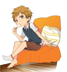 1boy, artist name, bad id, bad pixiv id, blush, brown shorts, child, eyebrows visible through hair, feet, food, ice cream, looking at viewer, male focus, one sock, original, short sleeves, shorts, simple background, sitting, solo, white background, wooden floor, yoku