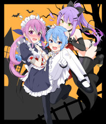 Rule 34 | 3girls, absurdres, bandaid, bandaid on face, biting, black thighhighs, blue hair, carrying, demon girl, demon tail, demon wings, felutiahime, halloween, head biting, highres, hololive, hoshimachi suisei, looking at viewer, maid, minato aqua, minato aqua (1st costume), multiple girls, pantyhose, pointing, pointing at viewer, princess carry, purple hair, stitched face, stitches, tail, thighhighs, tokoyami towa, virtual youtuber, white pantyhose, wings, zombification
