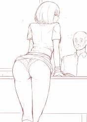 Rule 34 | 1boy, 1girl, bald, bangle, blush, bracelet, clothes lift, collared shirt, facial hair, feet out of frame, from behind, hair ornament, hairclip, highres, jewelry, kneehighs, lace, lace panties, looking back, monochrome, mustache, old, old man, original, panties, rev60, school uniform, shirt, short hair, short sleeves, sketch, skirt, skirt lift, socks, sweat, thighs, underwear
