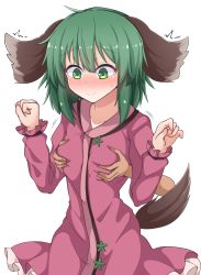 Rule 34 | 1girl, absurdres, animal ears, blush, grabbing another&#039;s breast, brown dress, closed mouth, collarbone, disembodied limb, dog ears, dog tail, dress, grabbing, grabbing from behind, green eyes, green hair, highres, kasodani kyouko, long sleeves, short hair, simple background, siw0n, smile, solo focus, tail, touhou, white background