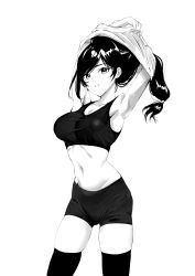 Rule 34 | 1girl, armpits, arms up, bike shorts, black hair, black thighhighs, breasts, cowboy shot, crop top, earrings, final fantasy, final fantasy vii, final fantasy vii remake, greyscale, highres, jewelry, large breasts, long hair, looking at viewer, low-tied long hair, midriff, monochrome, navel, skindentation, solo, sports bra, tank top, thighhighs, tifa lockhart, undressing, white background, yufei1236