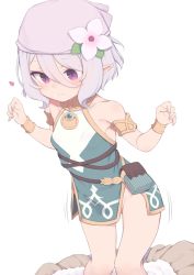 Rule 34 | 1girl, armlet, arms up, bracelet, dress, elf, flower, gamuo, green dress, hair flower, hair ornament, hat, heart, highres, jewelry, kokkoro (princess connect!), no panties, pointy ears, pouch, princess connect!, princess connect!, purple eyes, short dress, short hair, silver hair, simple background, sleeveless, sleeveless dress, solo, thigh gap, thighs, white background