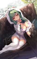 Rule 34 | 1girl, absurdres, alternate breast size, blue bow, blush, bow, bowtie, breasts, butterfly-shaped pupils, butterfly hair ornament, cleavage, collarbone, couch, green hair, green skirt, hair ornament, highres, hololive, hood, hoodie, indoors, long sleeves, looking at viewer, no shoes, plaid, plaid bow, plaid skirt, pondel, red eyes, shirt, sitting, skirt, solo, symbol-shaped pupils, thighhighs, unworn skirt, uruha rushia, uruha rushia (school uniform), virtual youtuber, white shirt, white thighhighs, zettai ryouiki