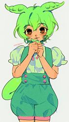 Rule 34 | 1girl, :3, babibu baby, blush, brown eyes, commentary, cowboy shot, edamame, food, green hair, green shirt, green shorts, grey background, hands up, head tilt, highres, holding, holding food, legs together, long hair, looking at viewer, low ponytail, own hands together, parted lips, puffy short sleeves, puffy shorts, puffy sleeves, shirt, shirt tucked in, short sleeves, shorts, signature, simple background, solo, standing, straight-on, suspender shorts, suspenders, symbol-only commentary, voicevox, zundamon