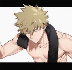 Rule 34 | 1boy, bakugou katsuki, blonde hair, boku no hero academia, commentary request, hair between eyes, himo (himodayoo), letterboxed, looking at viewer, male focus, multiple boys, nipples, pectorals, red eyes, serious, short hair, simple background, solo, spiked hair, sweat, topless male, towel, towel around neck, white background