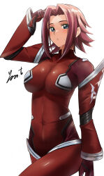 Rule 34 | 1girl, blue eyes, bodysuit, breasts, code geass, cowboy shot, drivesuit, forehead, hair intakes, highres, kouzuki kallen, large breasts, looking at viewer, pilot suit, red bodysuit, red hair, short hair, simple background, skin tight, solo, spiked hair, white background, yoo tenchi