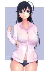 Rule 34 | 1girl, absurdres, ahoge, bikini, black bikini, black eyes, black hair, breast hold, breasts, closed mouth, commentary, cowboy shot, dated, girls und panzer, gluteal fold, grey background, highres, hood, hoodie, irukatto, isuzu hana, jacket, large breasts, long hair, long sleeves, looking at viewer, no pants, open mouth, outside border, partially unzipped, side-tie bikini bottom, smile, solo, standing, swimsuit, twintails, white jacket