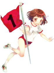 Rule 34 | 1girl, bandaid, bandaid on knee, bandaid on leg, blush, brown eyes, brown hair, buruma, flag, full body, gym uniform, hair ornament, hairclip, highres, igarashi maina, namanie, numbered flag, official art, open mouth, original, psycome, shoes, short hair, simple background, sneakers, socks, solo, tears, underwear, wavy mouth, white background
