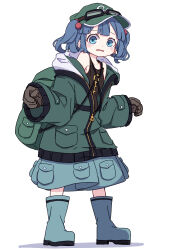 Rule 34 | 1girl, absurdres, black tank top, blue eyes, blue footwear, blue hair, blush stickers, boots, flat cap, full body, green hat, green jacket, hat, highres, jacket, kame (kamepan44231), kawashiro nitori, key, long sleeves, looking at viewer, one-hour drawing challenge, open mouth, short hair, simple background, solo, tank top, touhou, two side up, white background