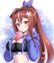 Rule 34 | 1girl, animal ears, black shirt, breasts, brown hair, bubble tea, bubble tea challenge, cleavage, crop top, cup, disposable cup, drawstring, flower, hair flower, hair ornament, hair ribbon, hands up, indie virtual youtuber, large breasts, lilya kyomi (fiwivt), long hair, long sleeves, looking at viewer, midriff, mouth hold, multicolored hair, nami (nyaa), ponytail, ribbon, shirt, shrug (clothing), solo, stomach, streaked hair, upper body, virtual youtuber