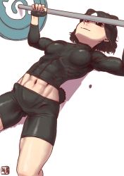 Rule 34 | 1girl, abs, animal ears, bad id, bad pixiv id, barbell, bear ears, bear girl, bear tail, bike shorts, black hair, breasts, brown bear (kemono friends), closed mouth, collarbone, commentary request, exercising, extra ears, feet out of frame, fingerless gloves, gloves, kemono friends, kishida shiki, long sleeves, lying, medium breasts, midriff, multicolored hair, navel, on back, ribs, shirt, short hair, skin tight, smile, solo, stomach, tail, toned, two-tone hair, weightlifting, weights, white hair