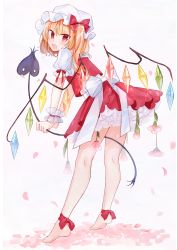 Rule 34 | 1girl, absurdres, ankle ribbon, barefoot, blonde hair, blouse, blush, bow, commentary request, crystal, fang, flandre scarlet, flower, grey background, hair bow, hair flower, hair ornament, hat, highres, leg ribbon, long hair, looking at viewer, looking to the side, mob cap, moko (mokochisa), one side up, open mouth, petals, pink flower, puffy short sleeves, puffy sleeves, red bow, red eyes, red flower, red rose, red skirt, red vest, ribbon, rose, shirt, short sleeves, skirt, soles, solo, standing, tiptoes, touhou, vest, white hat, white shirt, wings