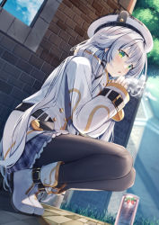 Rule 34 | 1girl, altina orion, beret, black pantyhose, black ribbon, blue sky, blush, boots, breathing on hands, brick wall, building, can, cloud, commentary request, day, eiyuu densetsu, falcom, green eyes, grey hair, grey skirt, gurasion (gurasion), hair ribbon, hands up, hat, high collar, jacket, long hair, long sleeves, looking at viewer, outdoors, pantyhose, parted lips, plaid, plaid skirt, pleated skirt, ribbon, sen no kiseki, skirt, sky, sleeves past wrists, solo, squatting, tiptoes, very long hair, white footwear, white hat, white jacket, window