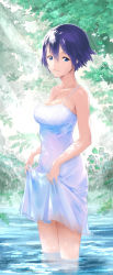 Rule 34 | 1girl, bare shoulders, blue eyes, blue hair, breasts, cleavage, clothes lift, day, dress, dress lift, hair between eyes, highres, it apollo, lifted by self, looking at viewer, original, short hair, sketch, solo, spaghetti strap, sundress, wading, water, white dress