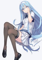 Rule 34 | 10s, 1girl, adjusting eyewear, aoki hagane no arpeggio, bespectacled, black thighhighs, blue eyes, blue hair, bow, bowtie, breasts, dated, glasses, hair down, hairband, loafers, long hair, matching hair/eyes, military, military uniform, naval uniform, parted lips, pleated skirt, rokuwata tomoe, shoes, skirt, small breasts, solo, takao (aoki hagane no arpeggio), thighhighs, twitter username, uniform, very long hair