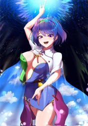 Rule 34 | 1girl, blue hair, breasts, cape, cowboy shot, hairband, highres, large breasts, looking at viewer, multicolored clothes, multicolored hairband, open mouth, pepelonthi, pink eyes, pointing, pointing down, pointing up, short hair, sky print, smile, solo, standing, tenkyuu chimata, touhou, white cape, zipper