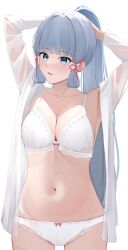 1girl absurdres adjusting_hair arms_behind_head arms_up ayaka_(genshin_impact) blue_eyes blue_hair blush bra breasts cleavage collarbone commentary_request cowboy_shot genshin_impact hair_ribbon hair_tubes highres kirishe1101 large_breasts long_hair looking_to_the_side navel open_clothes open_mouth open_shirt panties pink_ribbon ponytail ribbon simple_background solo stomach underwear upper_body white_background white_bra white_panties