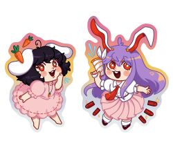 Rule 34 | 2girls, animal ears, barefoot, black hair, blush stickers, buttons, carnelscorner, carrot, carrot necklace, chibi, collared shirt, commentary, dress, dress shirt, english commentary, frilled sleeves, frills, highres, holding, holding megaphone, inaba tewi, jewelry, leaning forward, long hair, looking at viewer, medium hair, megaphone, multiple girls, necklace, open mouth, pink dress, pink skirt, pleated skirt, puffy short sleeves, puffy sleeves, purple hair, rabbit ears, red eyes, reisen udongein inaba, shirt, short sleeves, skirt, socks, teeth, touhou, transparent background, upper teeth only, white shirt, white socks