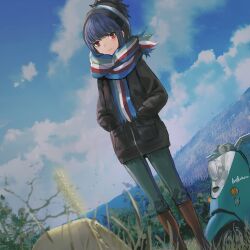 Rule 34 | 1girl, artist name, black hat, black jacket, blue hair, boots, closed mouth, cloud, day, dutch angle, expressionless, grass, hands in pockets, hat, highres, infukun, jacket, long sleeves, looking at viewer, motor vehicle, multicolored clothes, multicolored scarf, outdoors, pants, red eyes, scarf, shima rin, signature, solo, standing, tent, yamaha vino, yurucamp