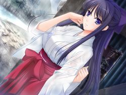 Rule 34 | 10s, 1girl, blue eyes, blue hair, breasts, female focus, forest, game cg, hair ribbon, japanese clothes, komori kei, large breasts, long hair, looking at viewer, matching hair/eyes, miko, nature, rain, ribbon, river, ryuuzouji akane, smile, solo, standing, walkure romanze, walkure romanze more &amp; more, water, wet, wet clothes
