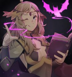 Rule 34 | 1girl, ;q, bad id, bad twitter id, bat (animal), blonde hair, blue eyes, book, breasts, center opening, circlet, fire emblem, fire emblem fates, happukiri, holding, holding book, long hair, medium breasts, nintendo, one eye closed, open book, ophelia (fire emblem), solo, tongue, tongue out