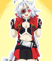 Rule 34 | 1girl, adapted costume, ahoge, arc system works, bad id, bad pixiv id, blazblue, blush, braid, cleavage cutout, clothing cutout, cosplay, eyepatch, jerun, long hair, midriff, nu-13, ragna the bloodedge, ragna the bloodedge (cosplay), red eyes, silver hair, smile, solo