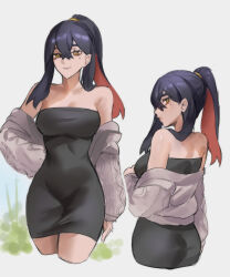 Rule 34 | 1girl, ass, bare shoulders, black dress, black hair, breasts, carmine (pokemon), colored inner hair, commentary, creatures (company), cropped legs, dress, from behind, game freak, grey background, grey jacket, highres, jacket, looking at viewer, medium breasts, multicolored hair, multiple views, nintendo, off shoulder, open clothes, open jacket, pokemon, pokemon sv, ponytail, red hair, short dress, simple background, smile, standing, strapless, strapless dress, thighs, tommy (kingdukeee), tube dress, yellow eyes