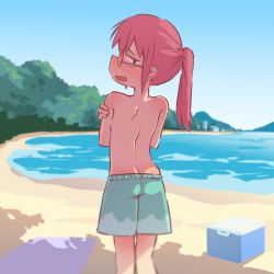 Rule 34 | 1girl, artist request, ass, beach, blue male swimwear, blue swim trunks, butt crack, cooler, covering privates, covering breasts, day, female focus, glasses, hair between eyes, highres, kobayashi-san chi no maidragon, kobayashi (maidragon), male swimwear, male swimwear challenge, ocean, orenji (wholesomeorenji), ponytail, sand, sideways mouth, skindentation, solo, standing, swim trunks, swimsuit, tomboy, topless