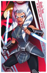 Rule 34 | 1boy, 1girl, ahsoka tano, alien, armor, black gloves, black pants, blue eyes, blue lightsaber, breasts, brown lips, colored skin, darth maul, dual wielding, energy sword, english text, faulds, fighting stance, gloves, greaves, highres, holding, holding lightsaber, knee pads, lightsaber, looking at viewer, medium breasts, mike luckas, orange skin, pants, pelvic curtain, reverse grip, sleeveless, solo focus, star wars, sword, togruta, vambraces, weapon, yellow eyes, zabrak