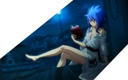 Rule 34 | 1girl, bare shoulders, barefoot, blue hair, book, breasts, cleavage, fairy tail, highres, japanese clothes, kimono, levy mcgarden, open book, open clothes, pantherlily, reading, screencap, stitched, third-party edit, yukata