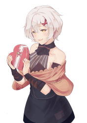 Rule 34 | 1girl, arm wrap, ash arms, black dress, brown shawl, commentary request, dress, gift, hair ornament, halterneck, highres, holding, holding gift, kerureru, looking at viewer, open mouth, pe-2 (ash arms), shawl, short dress, short hair, silver hair, simple background, smile, solo, standing, valentine, white background, x hair ornament, yellow eyes