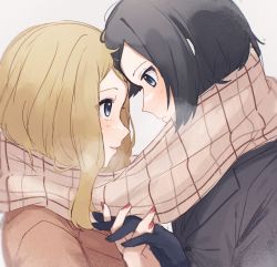 Rule 34 | 1boy, 1girl, alternate costume, black hair, blonde hair, blurry, blush, brown coat, calem (pokemon), coat, commentary request, creatures (company), eye contact, eyelashes, face-to-face, from side, game freak, gloves, grey eyes, hand grab, holding hands, long hair, looking at another, nail polish, nintendo, parted lips, plaid, plaid scarf, pokemon, pokemon xy, posunke, red nails, scarf, serena (pokemon), shared clothes, shared scarf, smile, upper body
