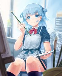 Rule 34 | 1girl, apron, bad id, bad pixiv id, black socks, blue eyes, blue hair, blue jacket, blue skirt, blue theme, blunt bangs, blush, bow, bowtie, closed mouth, commentary request, day, easel, faux traditional media, flower, foreshortening, hair rings, hand up, highres, holding, holding paintbrush, indoors, jacket, kneehighs, light blush, long hair, looking at viewer, on chair, original, paint splatter, paint splatter on face, paintbrush, palette (object), pixiv-tan, red bow, red bowtie, ribbon, school uniform, shirt, short sleeves, sitting, skirt, smile, socks, solo, suzuki puramo, vase, white shirt, window