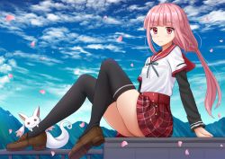 Rule 34 | 1girl, arm support, black thighhighs, blue sky, blush, braid, brown footwear, closed mouth, cloud, cloudy sky, commentary, day, highres, kazenokaze, layered sleeves, loafers, long hair, long sleeves, magia record: mahou shoujo madoka magica gaiden, mahou shoujo madoka magica, outdoors, petals, pink hair, plaid, plaid skirt, railing, red eyes, red sailor collar, red skirt, sailor collar, school uniform, serafuku, shirt, shoes, short over long sleeves, short sleeves, sitting, skirt, sky, small kyubey, smile, tamaki iroha, thighhighs, very long hair, white shirt