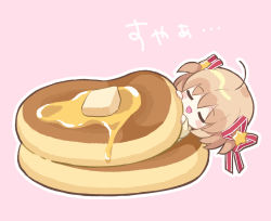 Rule 34 | 1girl, blonde hair, butter, commentary request, closed eyes, food, hair ornament, hair ribbon, hoshimame mana, in food, kamikita komari, little busters!, lying, oversized food, oversized object, pancake, pink background, red ribbon, ribbon, short hair, simple background, sleeping, solo, star (symbol), star hair ornament, translation request