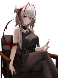 Rule 34 | 1girl, absurdres, antenna hair, arknights, bare arms, bare shoulders, black dress, black pantyhose, blush, breasts, chair, commission, crossed legs, cup, dress, feet out of frame, highres, horns, jewelry, large breasts, looking at viewer, medium hair, nail polish, necklace, pantyhose, parted lips, pixiv commission, red eyes, red nails, ru zhai, sideboob, simple background, sitting, sleeveless, smile, solo, tail, w (arknights), white background