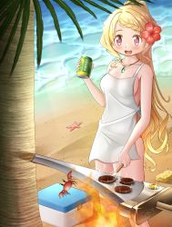 Rule 34 | 1girl, 2 ru, absurdres, alcohol, apron, beach, beer, blonde hair, braid, breasts, burger, can, crab, food, high ponytail, highres, holding, holding can, holding spatula, long hair, magia record: mahou shoujo madoka magica gaiden, mahou shoujo madoka magica, medium breasts, naked apron, open mouth, palm tree, pink eyes, ponytail, sidelocks, smile, solo, spatula, sponge, starfish, swimsuit, togame momoko, tree