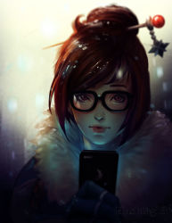 Rule 34 | 1girl, artist name, black-framed eyewear, blue gloves, brown eyes, brown hair, cellphone, closed mouth, coat, commentary, english commentary, fur coat, fur collar, glasses, gloves, hair bun, hair ornament, hair stick, hand up, holding, holding phone, lips, lipstick, looking at viewer, makeup, mei (overwatch), overwatch, overwatch 1, phone, red lips, short hair, single hair bun, smartphone, snowflake hair ornament, solo, swept bangs, trung doan