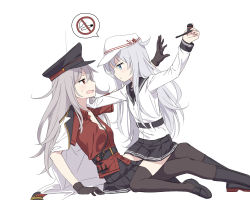 Rule 34 | 10s, 2girls, anchor, bad id, bad pixiv id, black footwear, black gloves, black hat, black legwear, black skirt, blue eyes, cnm, eye contact, gangut (kancolle), gloves, hammer and sickle, hat, hibiki (kancolle), kantai collection, long hair, long sleeves, looking at another, military, military uniform, miniskirt, multiple girls, no smoking, pantyhose, peaked cap, pleated skirt, red eyes, sailor collar, shoes, silver hair, simple background, sitting, sitting on person, skirt, smoking pipe, sweatdrop, thighhighs, uniform, verniy (kancolle), white background, white hat