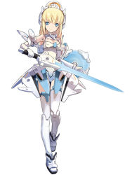Rule 34 | 10s, 1girl, aqua eyes, blade, blonde hair, blue eyes, blush, breasts, busou shinki, cleavage, doll joints, joints, long hair, mecha musume, olbern, oorbellen, shield, simple background, smile, solo, sword, thighhighs, weapon, white background, white theme