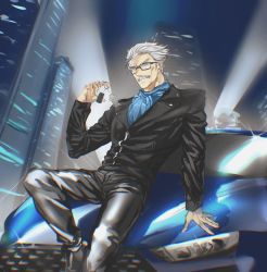Rule 34 | 1boy, black-framed eyewear, black footwear, black suit, blue neckwear, car, facial hair, fate/grand order, fate (series), formal, glasses, glint, grey hair, highres, james moriarty (archer) (fate), charm (object), long sleeves, looking at viewer, male focus, motor vehicle, mustache, night, night sky, old, old man, on vehicle, outdoors, sitting, sky, skylight, solo, suit, trstfx (lina)