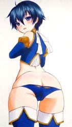 Rule 34 | 1girl, ass, atlus, bare shoulders, blue eyes, blue hair, blush, boots, butt crack, chilblain-edda, detached sleeves, from behind, high-cut armor (persona), looking back, panties, persona, persona 4, persona 4 the golden, shirogane naoto, solo, thighhighs, underwear