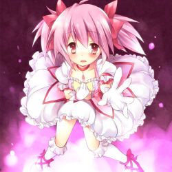 Rule 34 | 10s, 1girl, bad id, bad pixiv id, bow, bubble skirt, gloves, hair bow, hand on another&#039;s chest, hand on own chest, kaname madoka, kneehighs, magical girl, mahou shoujo madoka magica, mahou shoujo madoka magica (anime), open mouth, outstretched hand, pink eyes, pink hair, shoes, short twintails, skirt, socks, solo, sorai mahiru, tears, twintails, white gloves, white socks