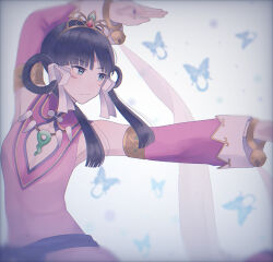 Rule 34 | 1girl, ace attorney, bell, black hair, blue eyes, blurry, bracelet, bug, butterfly, cleavage cutout, closed mouth, clothing cutout, collared shirt, crown, detached sleeves, facial mark, hair ribbon, hair rings, insect, jewelry, jingle bell, long sleeves, medium hair, necklace, phoenix wright: ace attorney - spirit of justice, pink shirt, pose request, rayfa padma khura&#039;in, ribbon, ring, sakami ameka, shirt, sidelocks, simple background, sleeveless, sleeveless shirt, solo, upper body, vignetting, waist sash, white background, white ribbon
